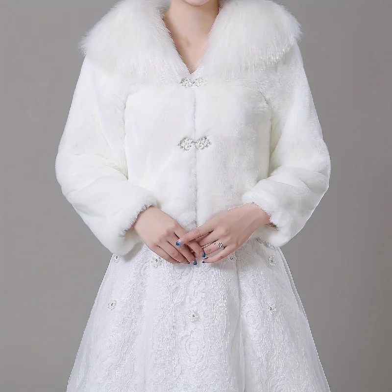 Sixsr White Faux Fur Shawl Plush Collar Wrap Elegant Long Sleeve Bride Cape Decorative Windproof Warm Cardigan For Women