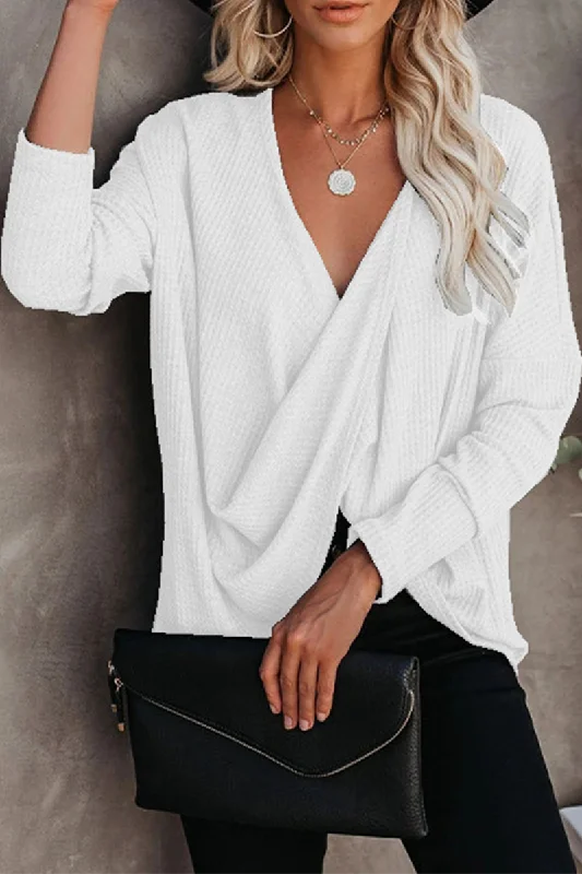 Casual Solid Fold V Neck Tops(4 Colors)