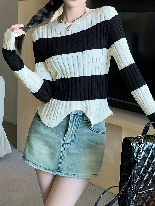 Sixsr Striped Print Crew Neck Sweater, Casual Long Sleeve Split Hem Sweater For Fall & Winter, Women's Clothing