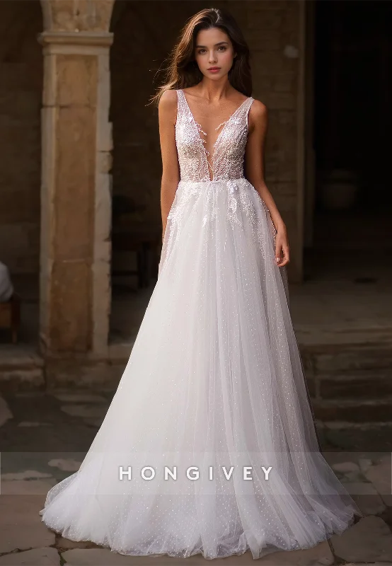 H0966 - Ornate Illusion Fully Beaded Lace Applique Tiered V-Neck With Train Long Wedding Dress