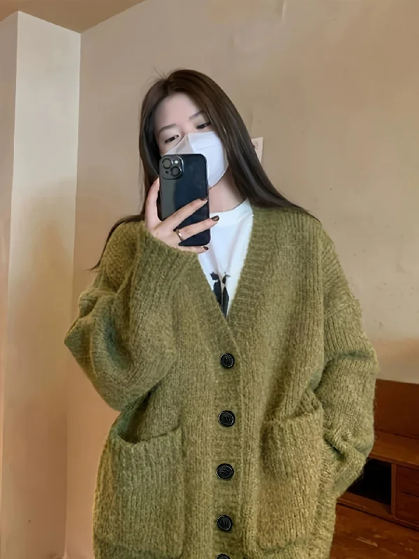 Sixsr Solid Button Down Knit Cardigan, Casual Long Sleeve Dual Pocket Oversized Sweater, Women's Clothing