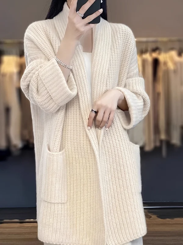 Sixsr Solid Open Front Knit Cardigan, Casual Long Sleeve Drop Shoulder Sweater With Pocket, Women's Clothing