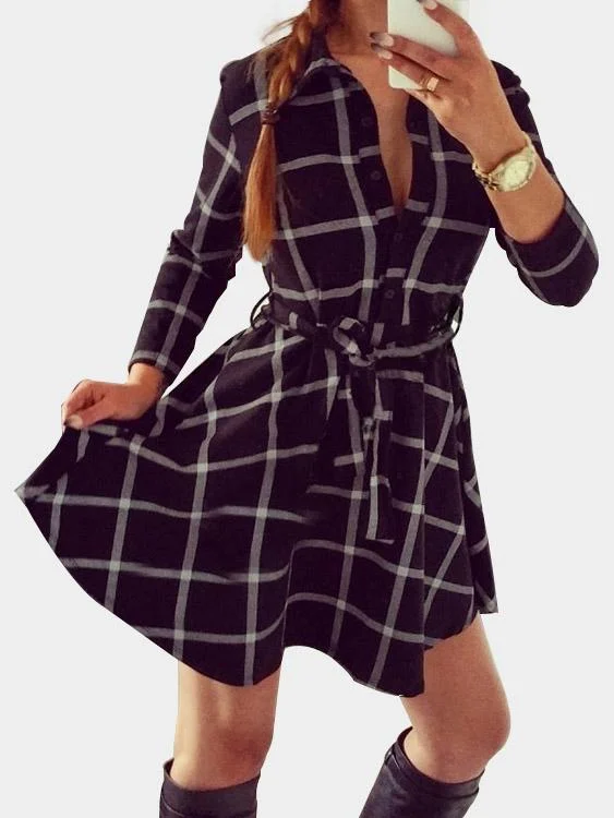 Wholesale Classic Collar 3/4 Length Sleeve Grid Mini Dresses