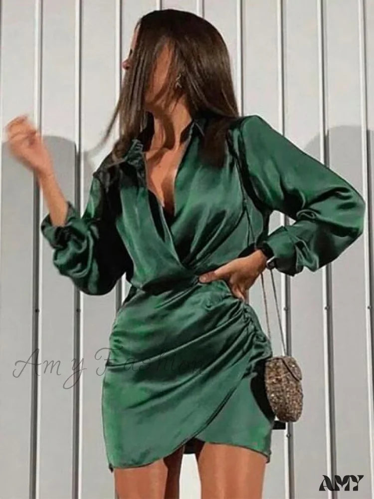 Amy Fashion - Long Sleeve V Neck Ruched Wrap Mini Dress