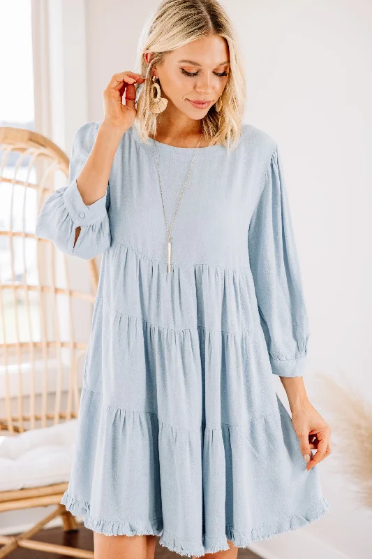 Turn To Me Sky Blue Tiered Linen Dress