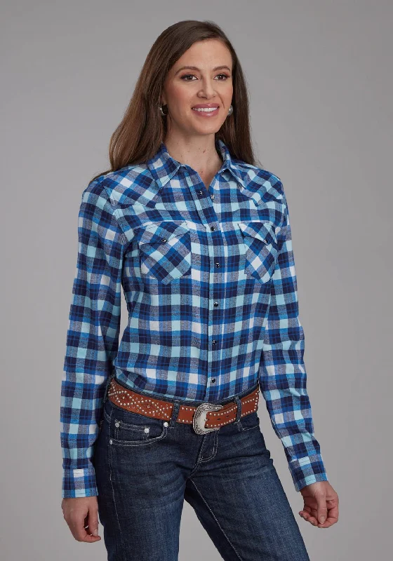 Roper Womens 2206 Unlined Flannel Blue/White 100% Cotton L/S Shirt