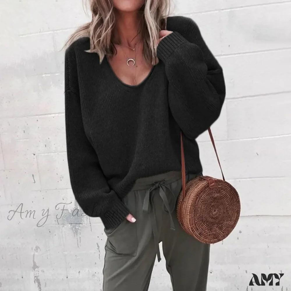 Spring Knitting Black V-neck Long Sleeve Casual Loose Elegant Sweater