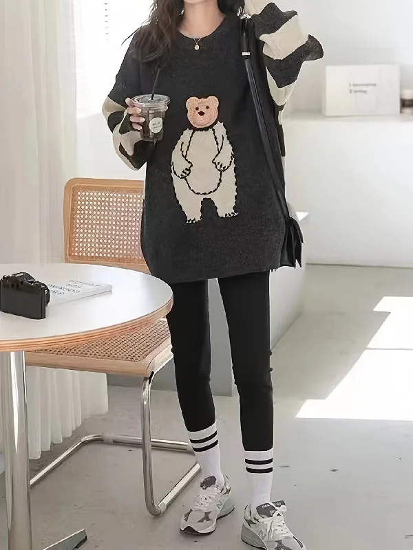 Sixsr Cute Bear Graphic Long Sleeve Sweater, Color Block Casual Every Day Sweater, Women's Clothing