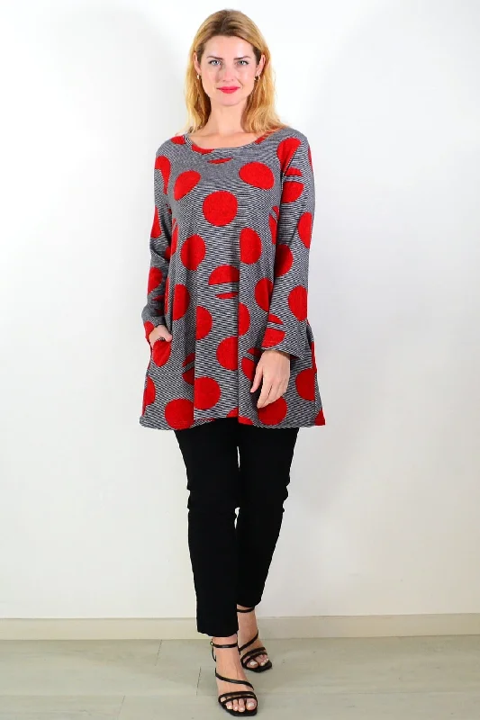 Red Dot Black Stripes Fleece Tunic Top