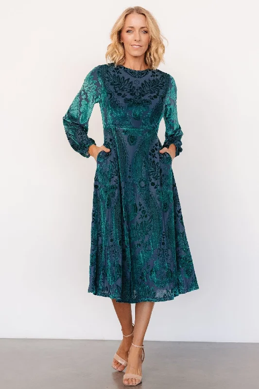 Lorielle Velvet Midi Dress | Emerald Print